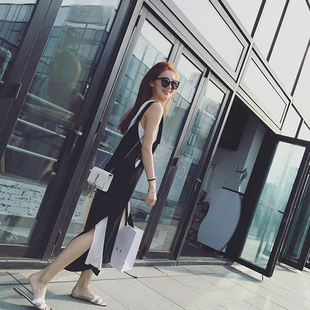 2016夏季新款女装韩版假两件长款黑色开叉背心裙背带裙女连衣裙子
