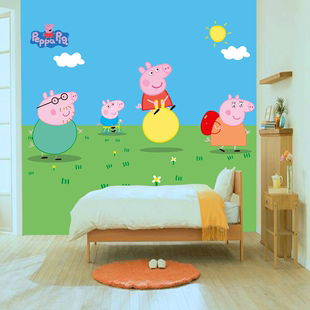 小猪佩奇粉红猪小妹壁纸佩佩猪一家玩耍墙纸婴儿房亲子乐园壁画