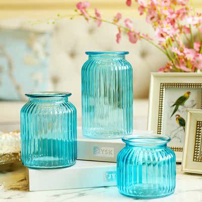 欧式地中海蓝色透明玻璃花瓶绿萝水培花瓶桌面插花花器家居摆件