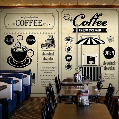 定制主题奶茶店餐厅快餐店背景墙手绘咖啡复古怀旧个性壁画墙纸