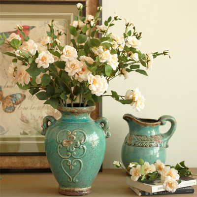 美式欧式地中海家居饰品陶瓷摆件工艺品 做旧复古蓝色花瓶