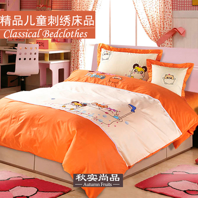 欧式儿童床品四件套全纯棉1.2米床1.5m1.8橙橘色可爱卡通女孩动物