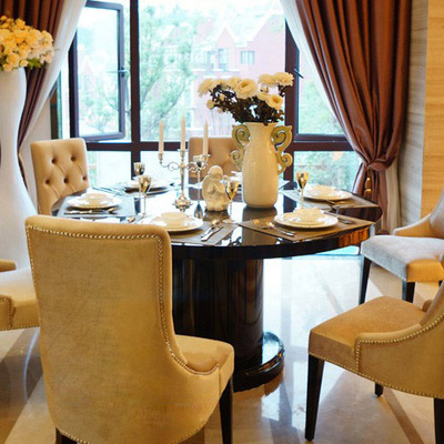 新古典餐桌实木餐桌椅组合欧式餐桌后现代圆桌法式黑檀色烤漆家具