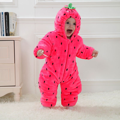 冬季婴儿草莓哈衣0-1-2岁女童冬装夹棉加厚连体衣女宝宝保暖爬服