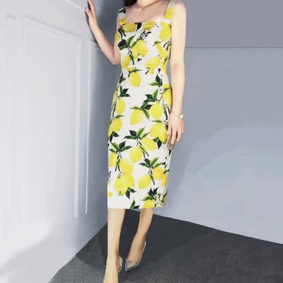 2016夏季新款 性感柠檬印花裹胸吊带裙高腰收腰抹胸中长款连衣裙