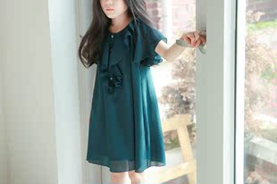 韩国品牌童装代购2016年夏季纯色圆领荷叶袖荷叶边装饰雪纺公主裙