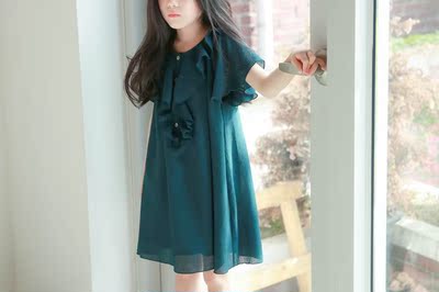 韩国品牌童装代购2016年夏季纯色圆领荷叶袖荷叶边装饰雪纺公主裙