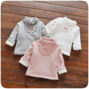 女宝宝高领纯棉加绒厚打底衫0-1-3岁儿童长袖白色T恤婴儿冬季上衣