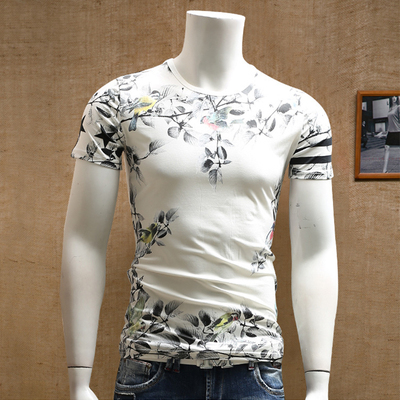 夏季新款男士短袖T恤中国风水墨印花修身型半袖青年纯棉圆领体恤