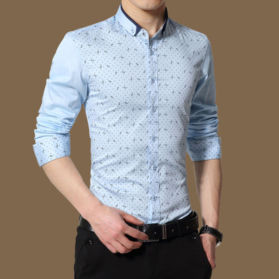 春季男士长袖衬衫韩版修身型印花商务休闲免烫青年结婚衬衣大码潮