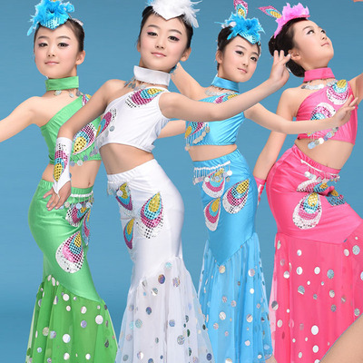 儿童孔雀舞蹈演出服 少儿傣族舞蹈表演服 女童民族舞葫芦丝表演服