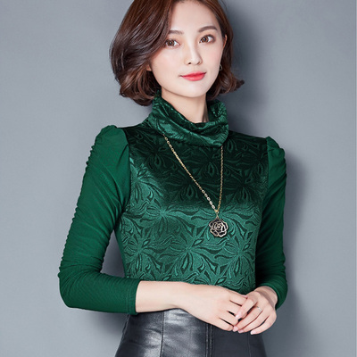 2016新款韩版时尚高领加绒加厚蕾丝打底衫女秋冬修身长袖保暖上衣