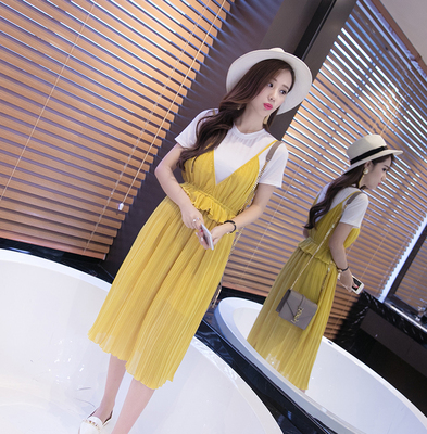 2016年韩版夏装新款T恤吊带雪纺两件套连衣裙修身显瘦套装女潮
