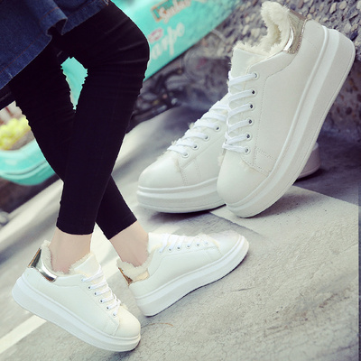 小白鞋女加绒保暖韩版潮低帮厚底加棉白色棉鞋学生休闲运动板鞋子