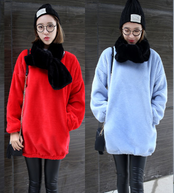 韩国秋冬新款女装大红色中长款上衣獭兔毛加厚卫衣仿皮草毛毛外套