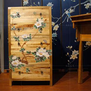 新古典中式手绘玄关柜实木彩绘家具柜子储藏边柜香樟木仿古五斗柜