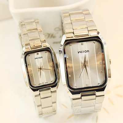 韩版时尚长方形表盘时尚潮流钢带男女表情侣手表一对防水石英腕表