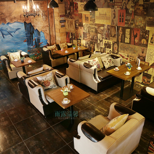 美式复古奢华咖啡厅皮布沙发西餐厅沙发桌椅组合酒吧拼色沙发卡座