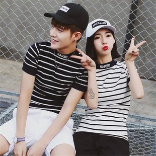 夏季韩版体恤圆领男士短袖t恤学生女子海魂衫修身条纹半袖上衣服