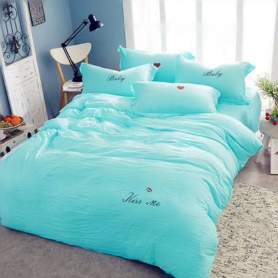 韩版亲肤超柔软水洗棉床单1.8米床被套泡泡纱纯色四件套床上用品