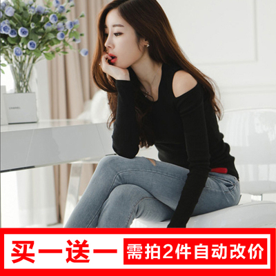 2017春装新款女韩版修身性感纯色露肩长袖t恤紧身打底衫漏肩上衣