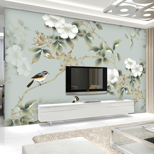 电视背景墙大型壁画现代中式简约花鸟壁纸卧室客厅沙发无纺布墙纸