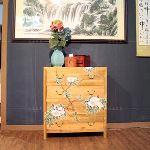新中式彩绘玄关柜香樟木斗柜箱全实木抽屉储物柜仿古做旧收纳边柜