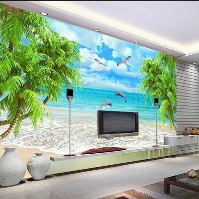 3d立体现代简约无缝壁纸壁画墙布墙纸夏日爱情海椰子树电视背景墙
