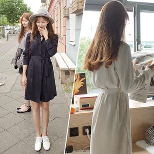 韩国代购 秋装新款立领条纹长袖衬衫连衣裙女 中长款系带修身显瘦