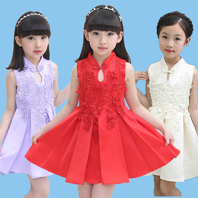 儿童旗袍夏季女童红色蕾丝唐装连衣裙子小孩女孩大童古筝演出服装