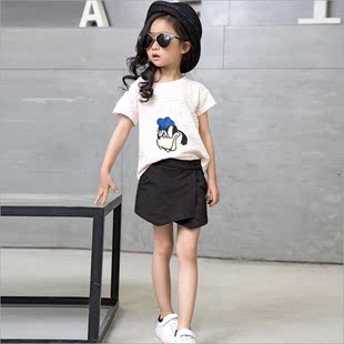 2016夏季新款童装 儿童韩版套装女童纯色卡通T恤女宝宝短裙两件套