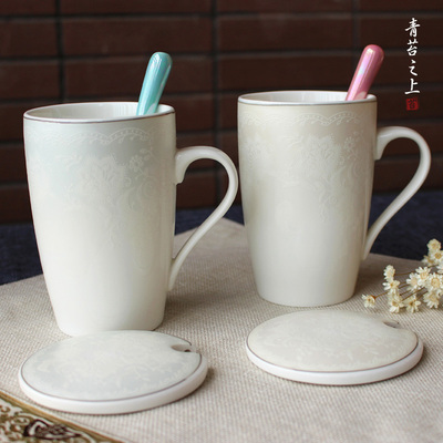 杯子陶瓷简约欧式新骨瓷马克杯家用喝水带盖勺创意情侣大容量水杯