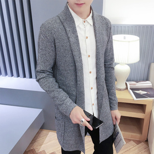 秋季男士毛衣开衫韩版学生中长款针织衫披风修身青年纯色薄款外套