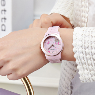 瑞士正品时尚陶瓷手表女表白色粉色蝴蝶韩版防水夜光学生女士手表