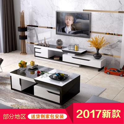 新款电视柜 现代简约伸缩黑白电视柜茶几组合钢化玻璃影视柜