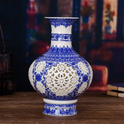 景德镇陶瓷器镂空花瓶现代客厅家居装饰工艺品摆件薄胎仿古青花瓷