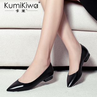KumiKiwa欧美时装鞋2016新款真皮尖头经典黑色女子鞋平底粗跟单鞋