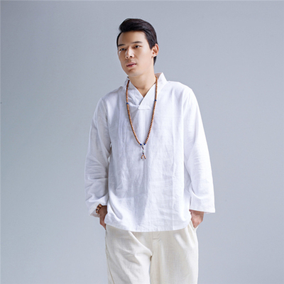中国风亚麻男休闲白色宽松型上衣禅意居士服时尚汉服领长袖T恤衫