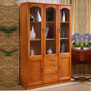 中式实木书柜 两门三门自由组合大书架 书房玻璃门书橱储物柜包邮