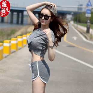 韩国代购夏季时尚修身显瘦短袖T恤短裤跑步运动套装女瑜伽健身服