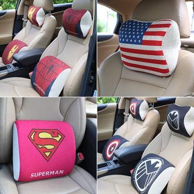 亚麻卡通汽车用品全套超级英雄可爱汽车头枕腰靠套装创意四季通用