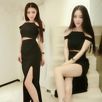 2016夏季韩版夜店女装露肩性感修身显瘦开叉晚礼服吊带连衣裙长裙