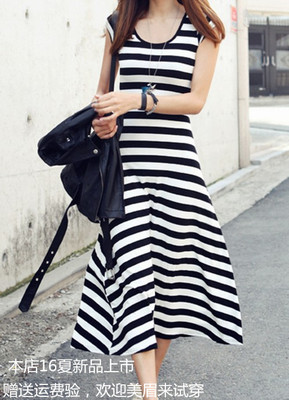 夏季新款欧美时尚莫代尔纯棉宽松大摆长裙黑白条纹短袖连衣裙大码