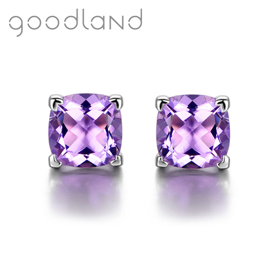 goodland 天然紫水晶耳钉925纯银耳环简约气质方形水晶彩宝耳l