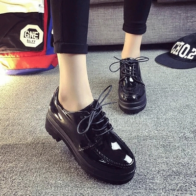 韩版2016春季漆皮中跟小皮鞋英伦复古学院风单鞋圆头休闲马丁女鞋