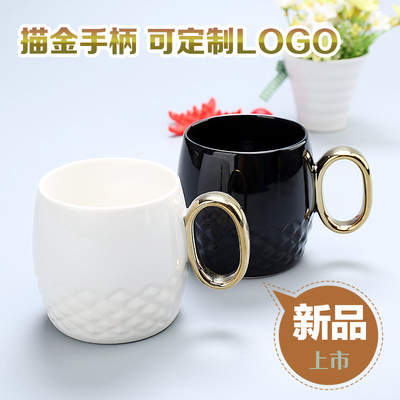创意黑白情侣对杯带盖勺欧式陶瓷马克杯简约牛奶咖啡水杯定制LOGO