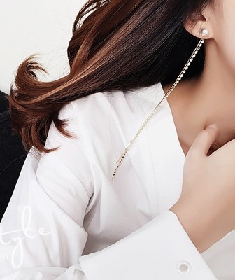韩国时尚女时装百搭极简黄铜材质长款珍珠耳环耳钉耳饰女饰品