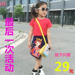 韩版中小女童套装2016夏季新款纯棉红色短袖T恤+藏青短裙两件套潮
