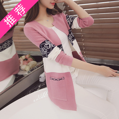 秋装新款2016韩版中长款开衫针织衫女口袋复古民族风长袖外套毛衣