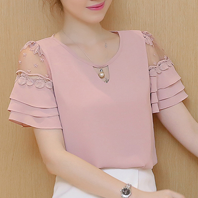 2016夏季新款韩版镂空雪纺衫t恤女短袖蕾丝打底衫短款荷叶袖小衫